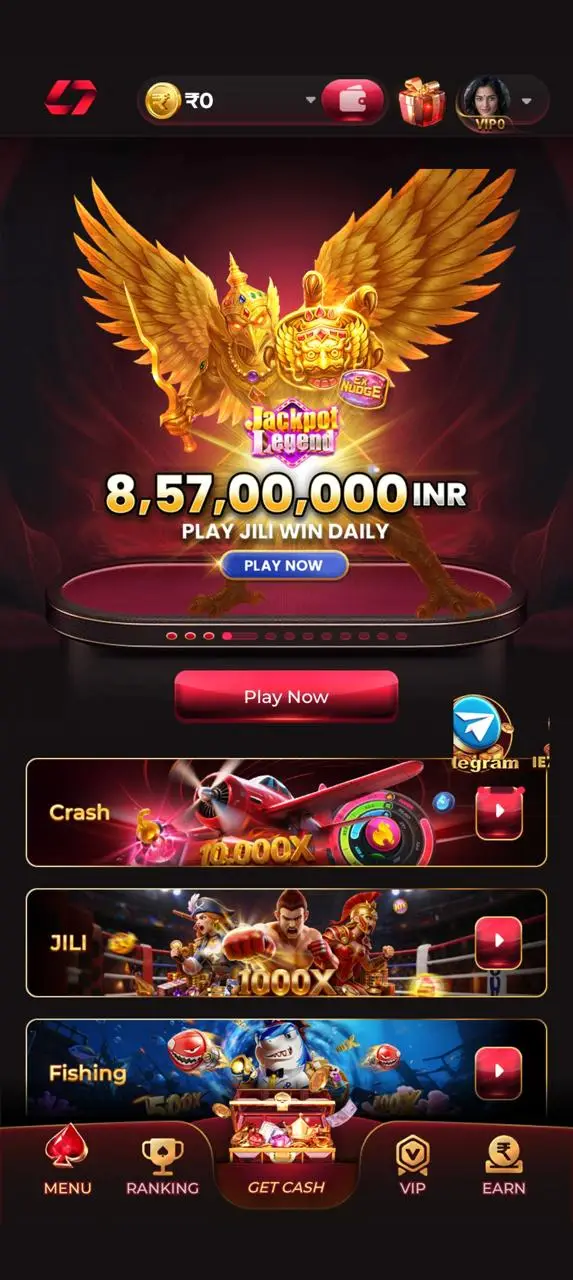 IN7 Game homepage showing Jackpot Legend, JILI, Crash and Fishing games