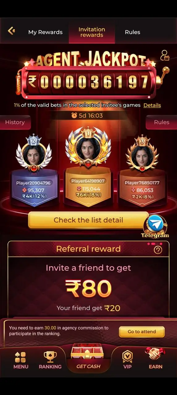 IN7 Game referral rewards and agent jackpot ranking screen