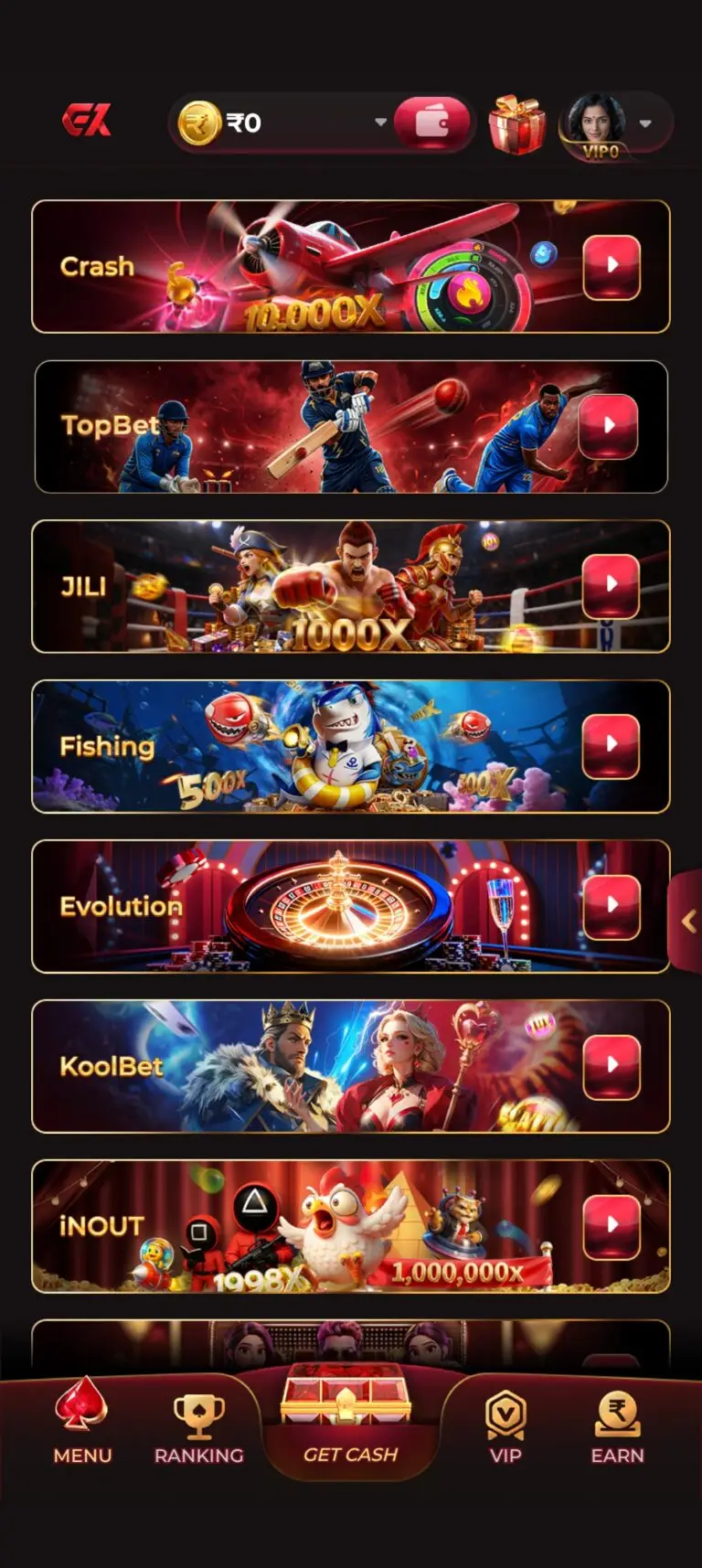 EK7 Game Lobby - Explore Crash, Cricket, Fishing & Live Casino Categories