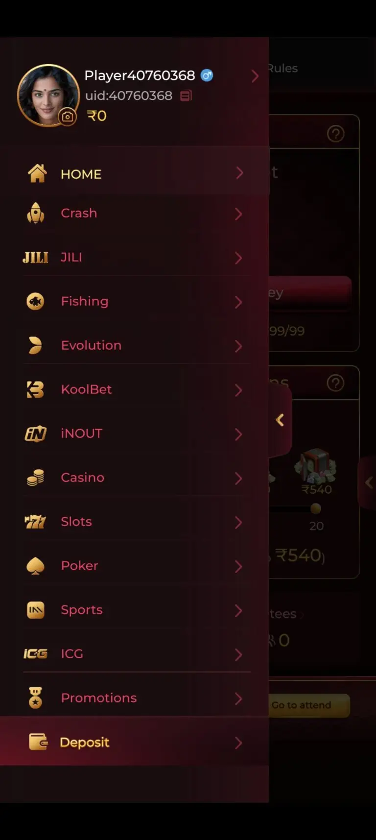 IE777 Game app side menu showing player profile, game categories like Crash, JILI, Fishing, Casino, and the Deposit option.