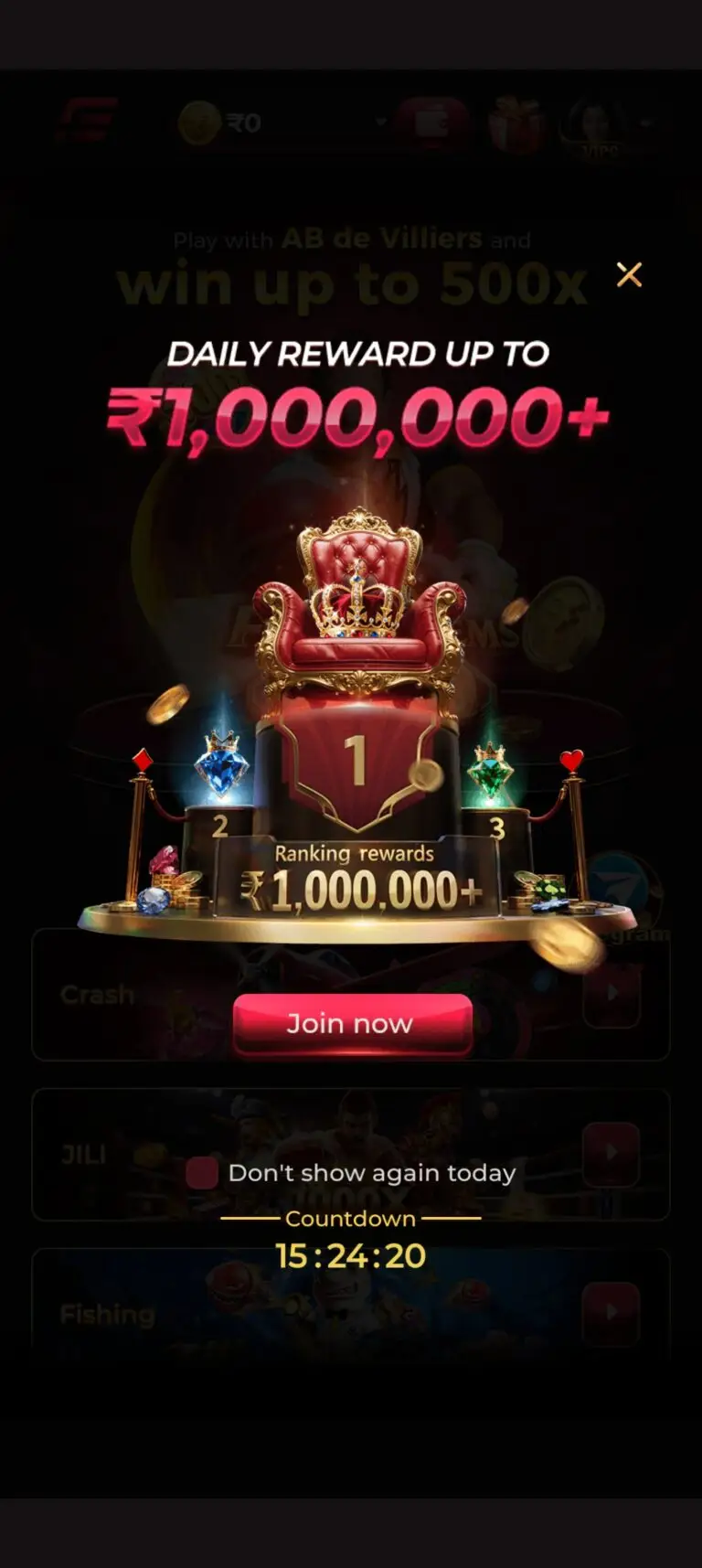 IE777 Game daily ranking rewards popup featuring a ₹1,000,000+ prize pool, a golden throne, a Join Now button, and a countdown timer.