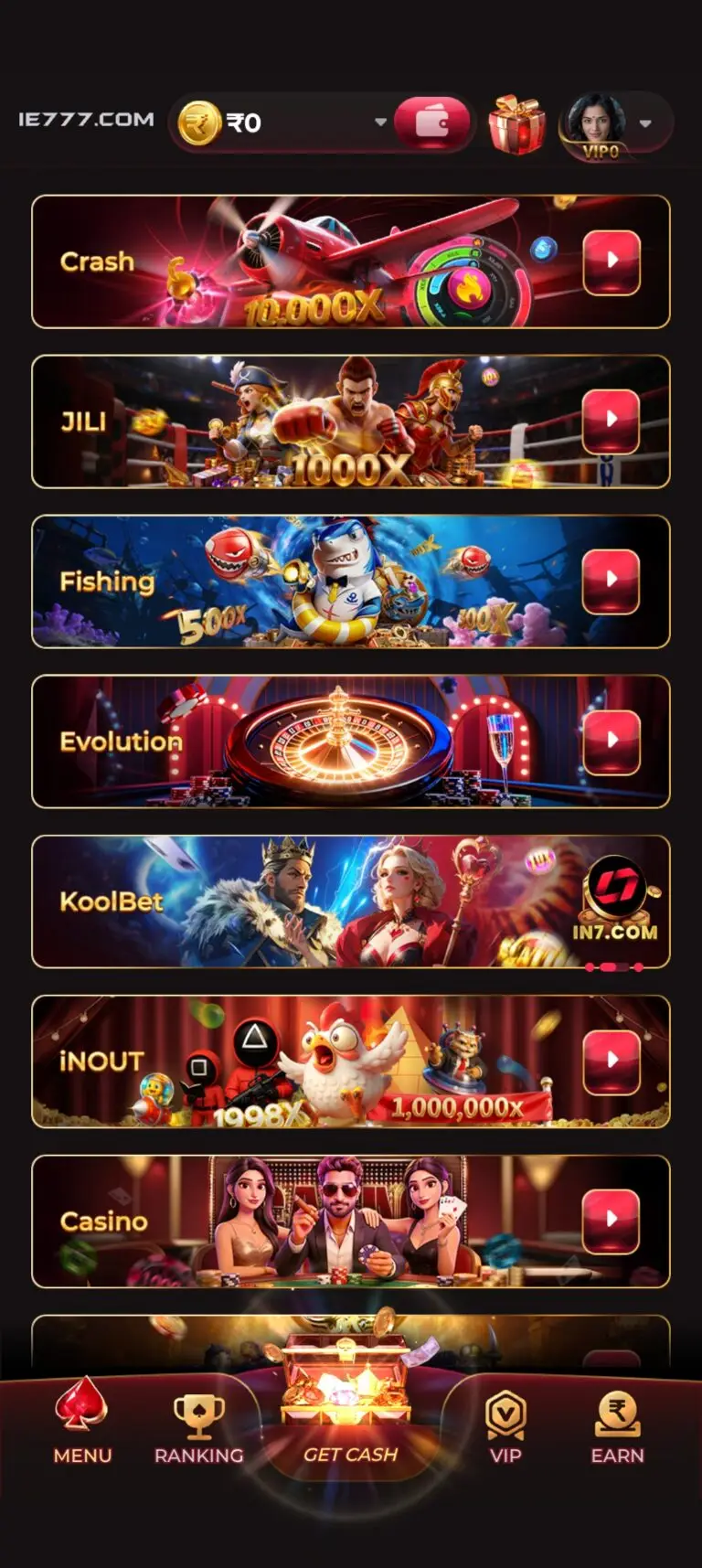 IE777 Game home screen showing game category banners for Crash, JILI, Fishing, Evolution, KoolBet, iNOUT, and Casino.