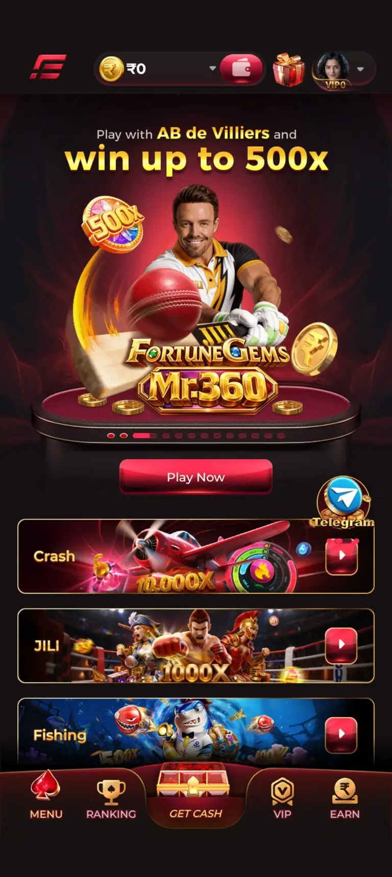 IE777 Game homepage featuring AB de Villiers promoting Fortune Gems Mr.360, with quick links to Crash, JILI, and Fishing games.