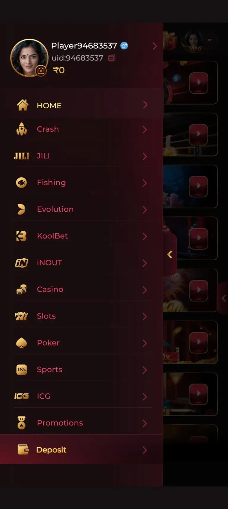 IV7 Game app side menu interface displaying navigation options for Crash, JILI, Fishing, Evolution, Casino, Slots, Poker, Sports, and Deposit.