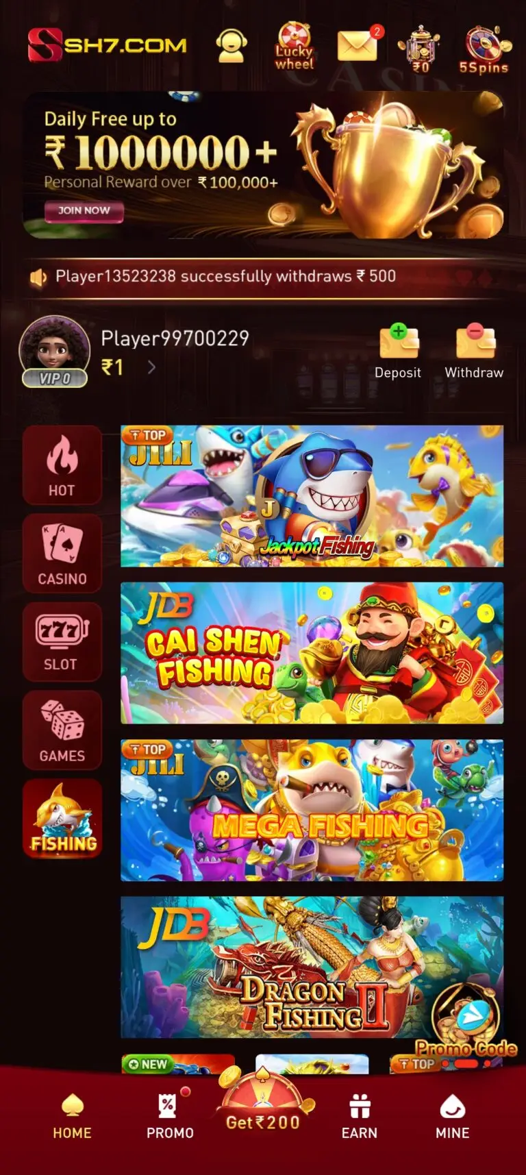 SH7 Game App – JILI & JDB Fishing Games Dashboard