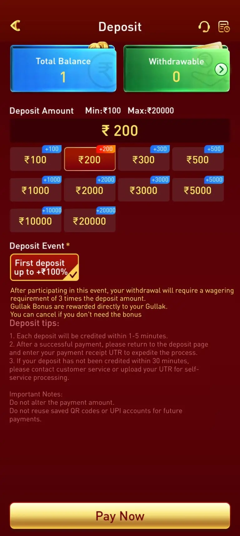 SH7 Game App – Deposit Screen with First Deposit Bonus Offer