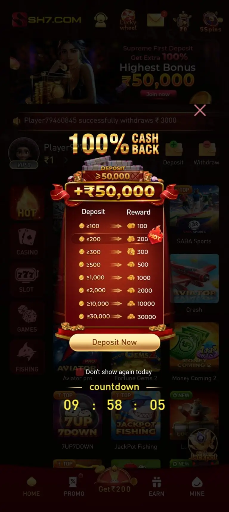 SH7 Game – 100% Cash Back & Tiered Deposit Bonus Popup