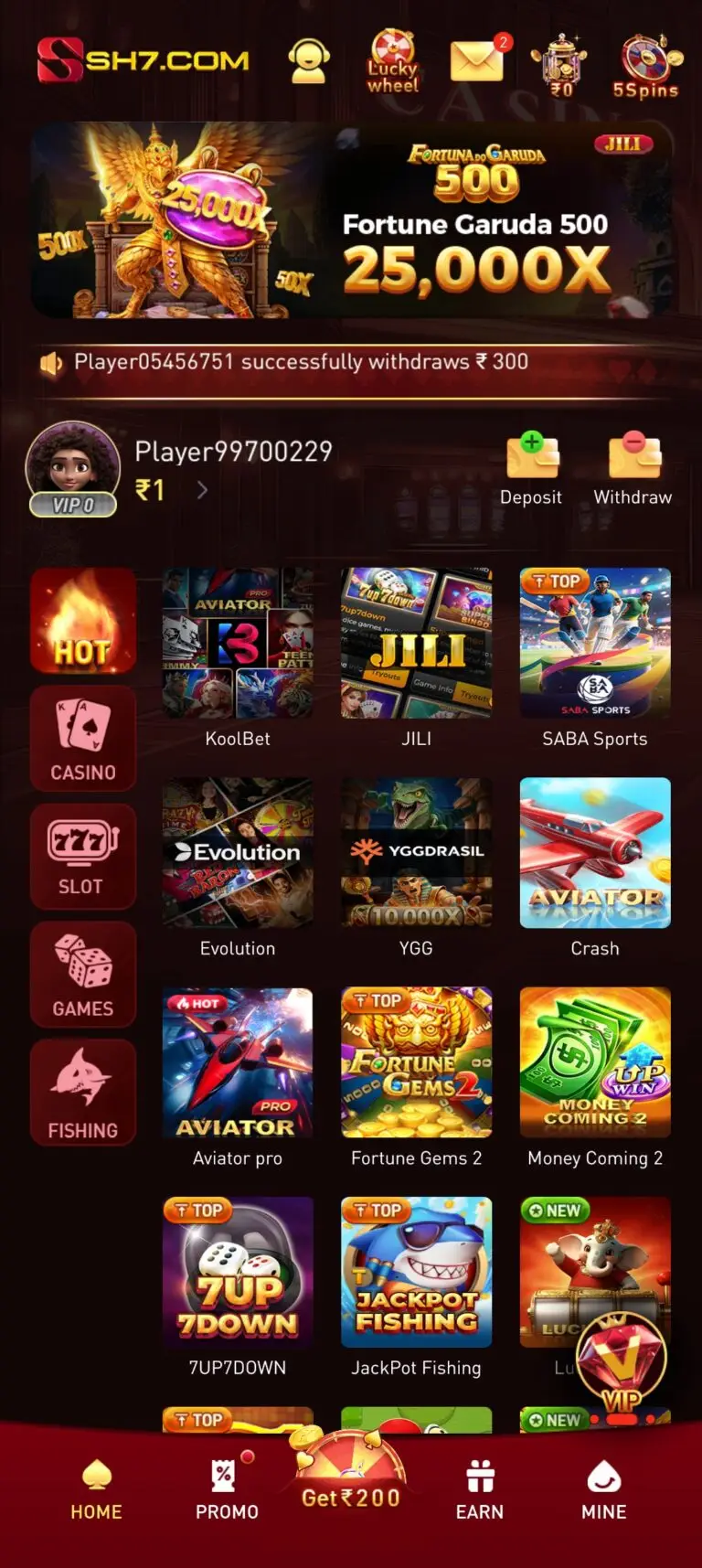 SH7 Game App Homepage – Casino, Slots & Live Sports Dashboard
