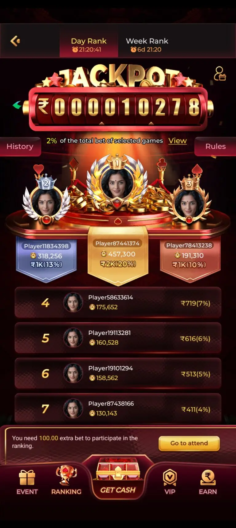 IC7 Game ranking page showing the daily jackpot ticker at ₹10,278, a top-three podium displaying player stats (top player at ₹2K/20%), and a leaderboard listing ranks 4 through 7. A note at the bottom prompts users to bet 100.00 extra to participate, with the "RANKING" tab highlighted in the bottom navigation bar.