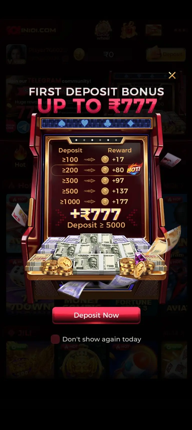 IN101 Game first deposit bonus overlay offering up to ₹777. The display features a tiered reward table for deposits ranging from ₹100 to ₹1000, a treasure chest overflowing with Indian Rupee notes and gold coins, and a red Deposit Now button to claim the offer.