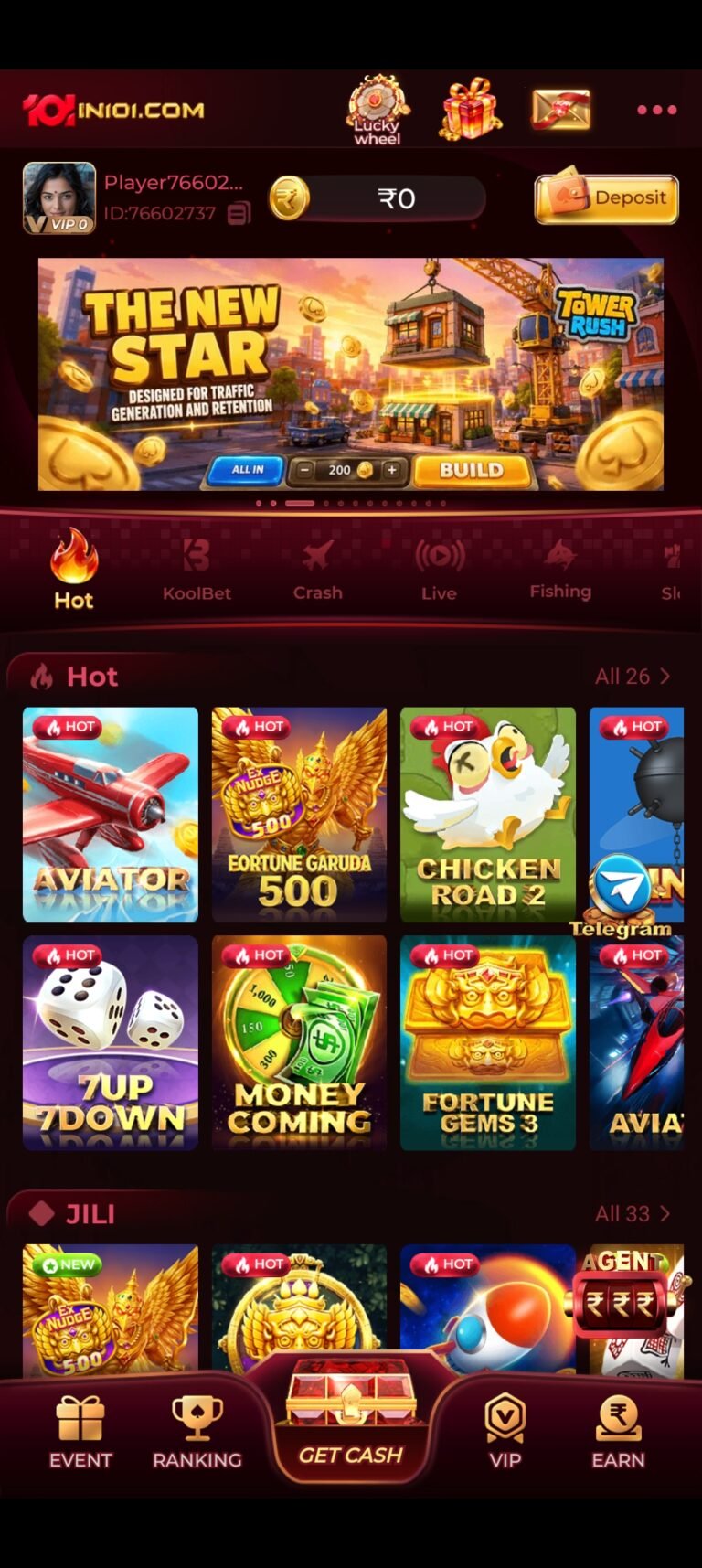 IN101 Game app interface displaying the Hot section with popular real-money titles like Aviator, Fortune Garuda 500, Chicken Road 2, Money Coming, and Fortune Gems 3. The dashboard shows a VIP 0 player profile with a ₹0 balance and a prominent Deposit button, alongside a top banner for Tower Rush.