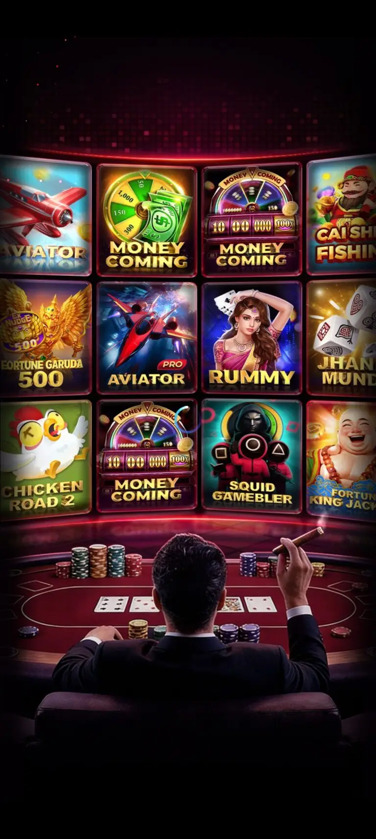 IN101 Game player at a casino table surrounded by popular real-money games like Aviator, Money Coming, Rummy, and Chicken Road 2. Download the IN101 APK to play these top casino titles.